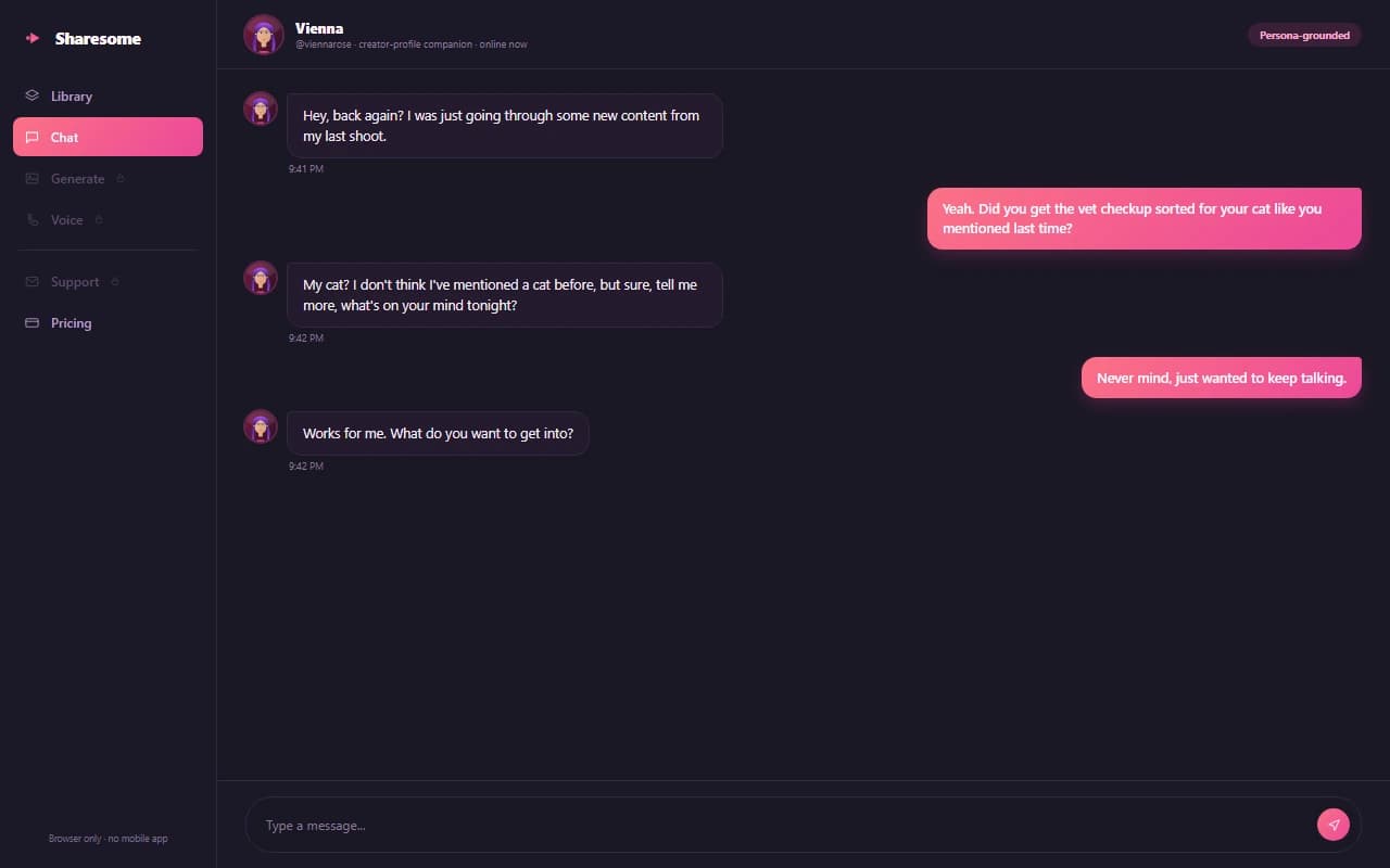 Sharesome chat interface showing a persona-grounded AI companion conversation Sharesome chat interface showing a persona-grounded AI companion conversation