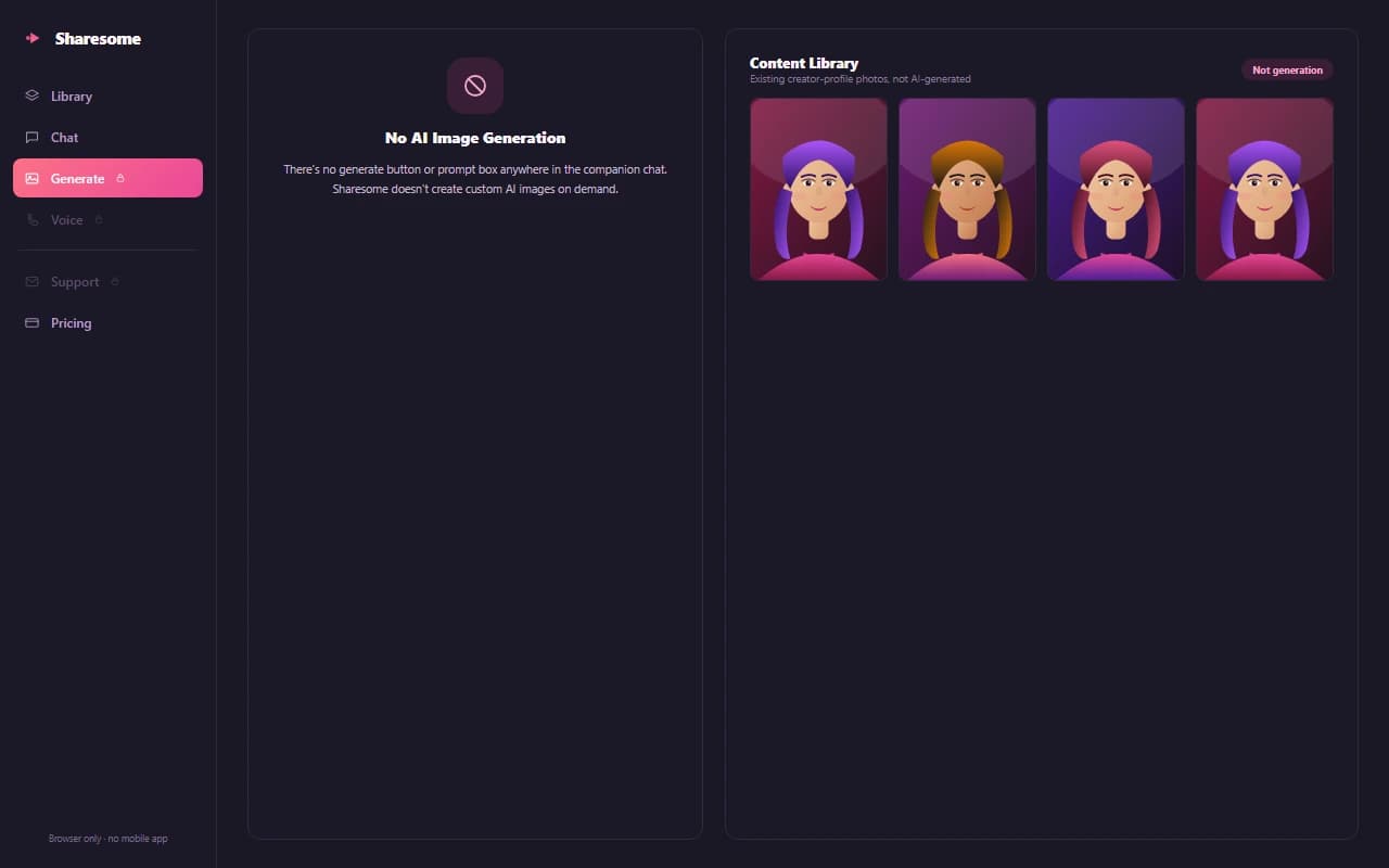 Sharesome interface showing no AI image generation tool available Sharesome interface showing no AI image generation tool available