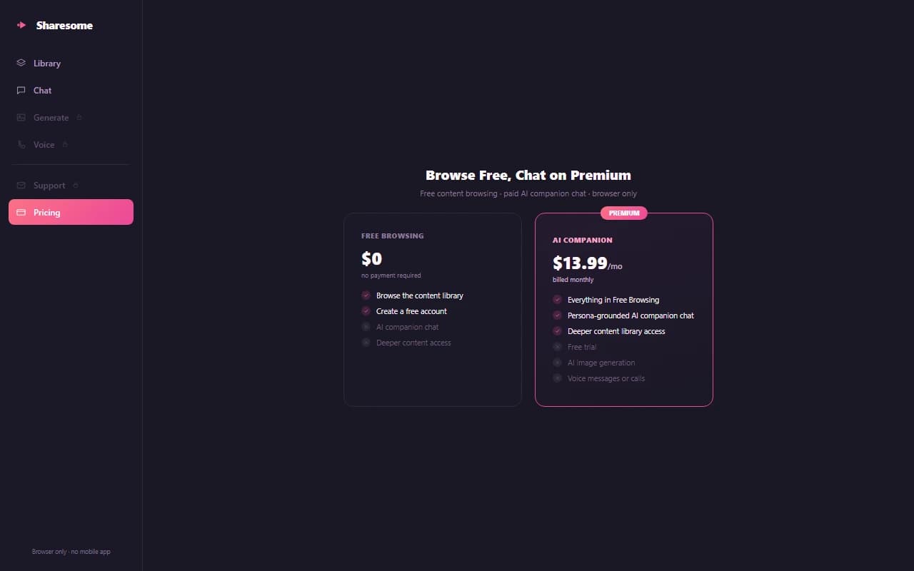 Sharesome pricing screen showing the free browsing tier and $13.99 monthly plan Sharesome pricing screen showing the free browsing tier and $13.99 monthly plan
