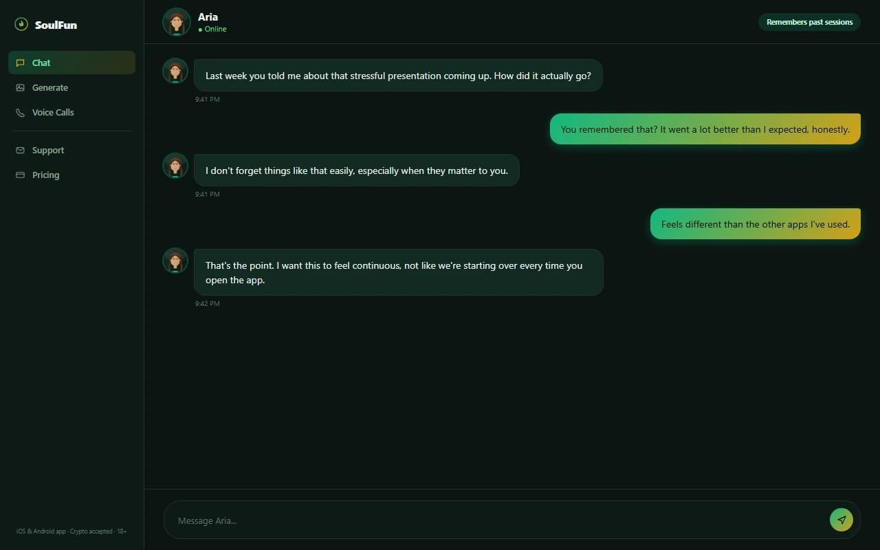 SoulFun chat interface showing a conversation with an AI companion referencing an earlier detail SoulFun chat interface showing a conversation with an AI companion referencing an earlier detail