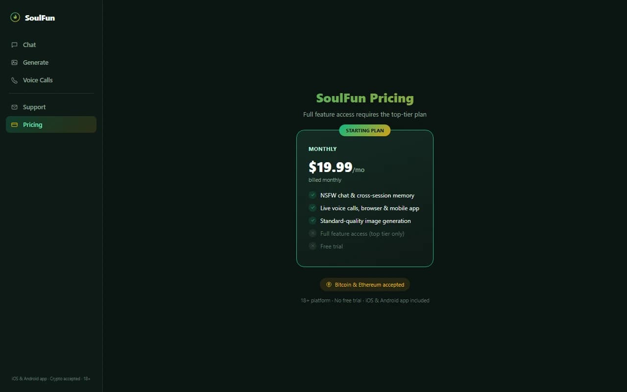 SoulFun subscription pricing plans showing monthly tiers and cryptocurrency payment options SoulFun subscription pricing plans showing monthly tiers and cryptocurrency payment options