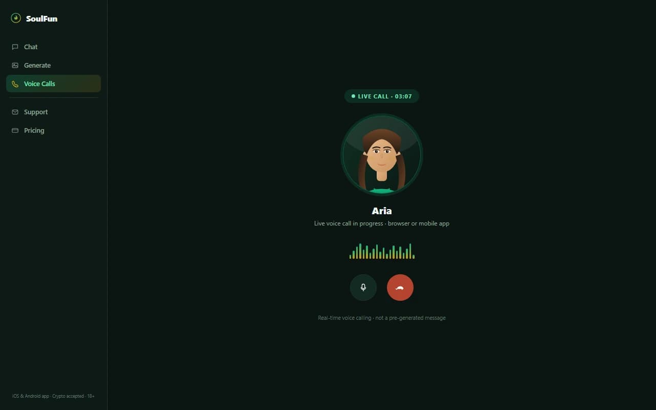 SoulFun live voice call screen showing an active call with an AI companion SoulFun live voice call screen showing an active call with an AI companion
