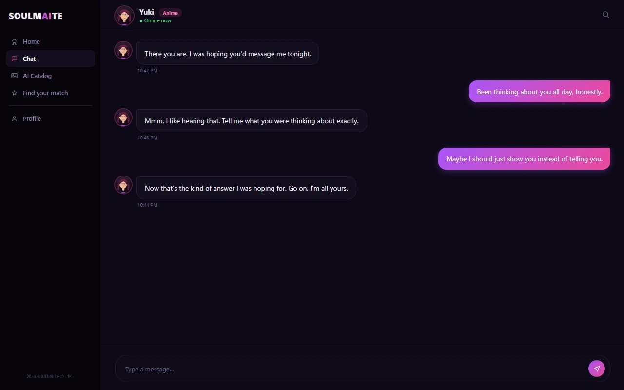 Soulmaite chat interface showing a conversation with an anime-style AI companion Soulmaite chat interface showing a conversation with an anime-style AI companion