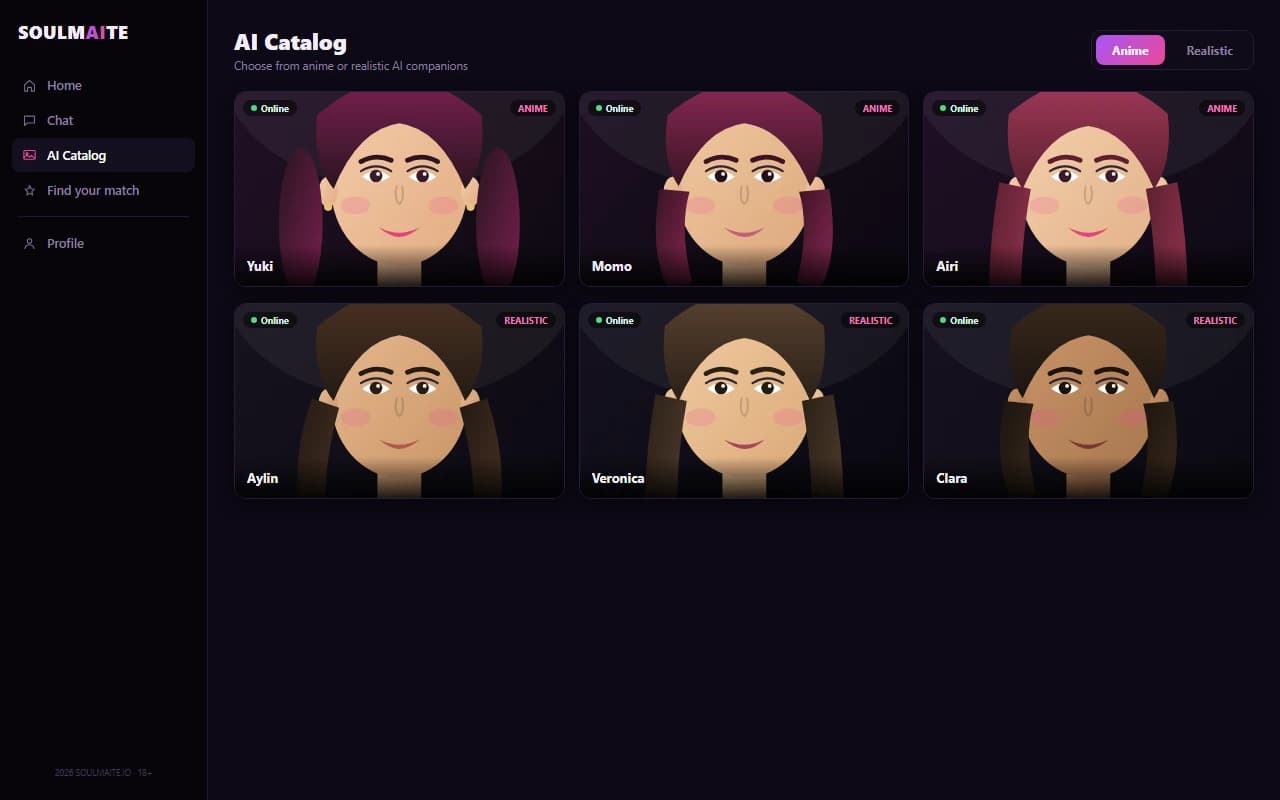 Soulmaite AI catalog screen with anime and realistic character style toggle Soulmaite AI catalog screen with anime and realistic character style toggle