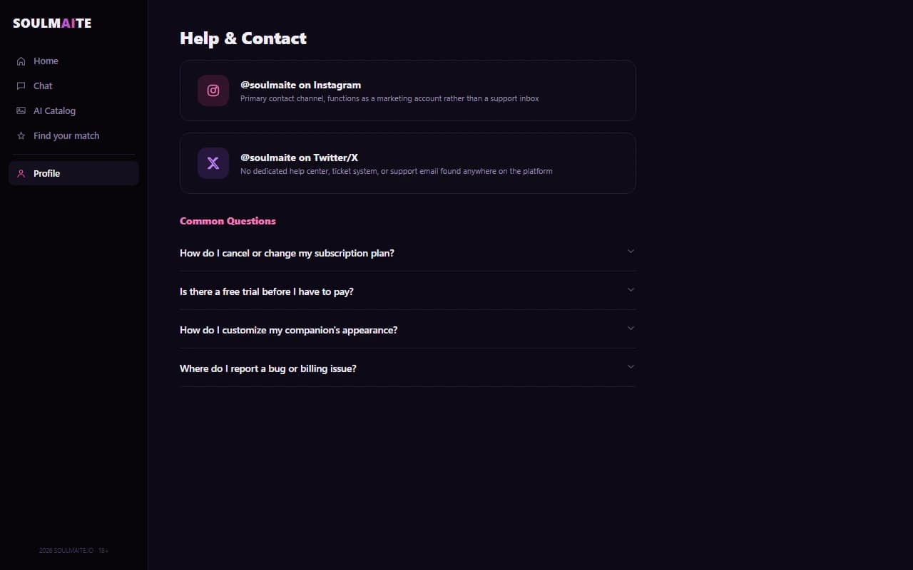 Soulmaite help and contact screen showing Instagram and Twitter/X as the only contact channels Soulmaite help and contact screen showing Instagram and Twitter/X as the only contact channels