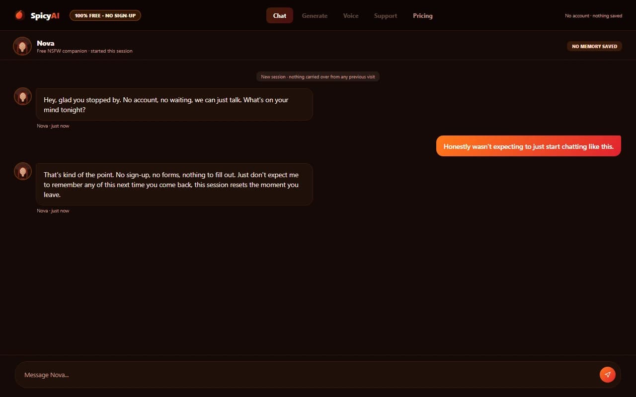 SpicyAI chat interface showing an NSFW conversation with an AI companion SpicyAI chat interface showing an NSFW conversation with an AI companion