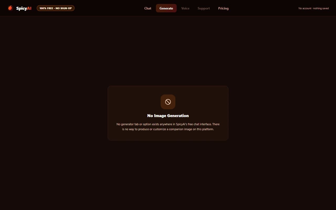 SpicyAI interface showing no image generation option available SpicyAI interface showing no image generation option available