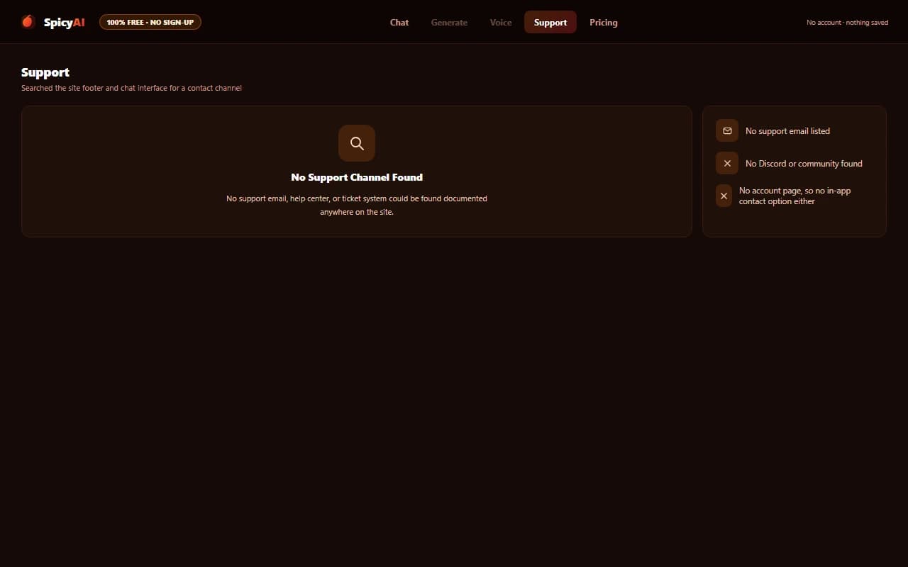 SpicyAI interface showing no support contact channel found SpicyAI interface showing no support contact channel found