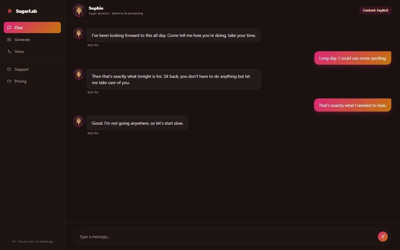 SugarLab.AI chat interface showing a conversation with an AI companion SugarLab.AI chat interface showing a conversation with an AI companion