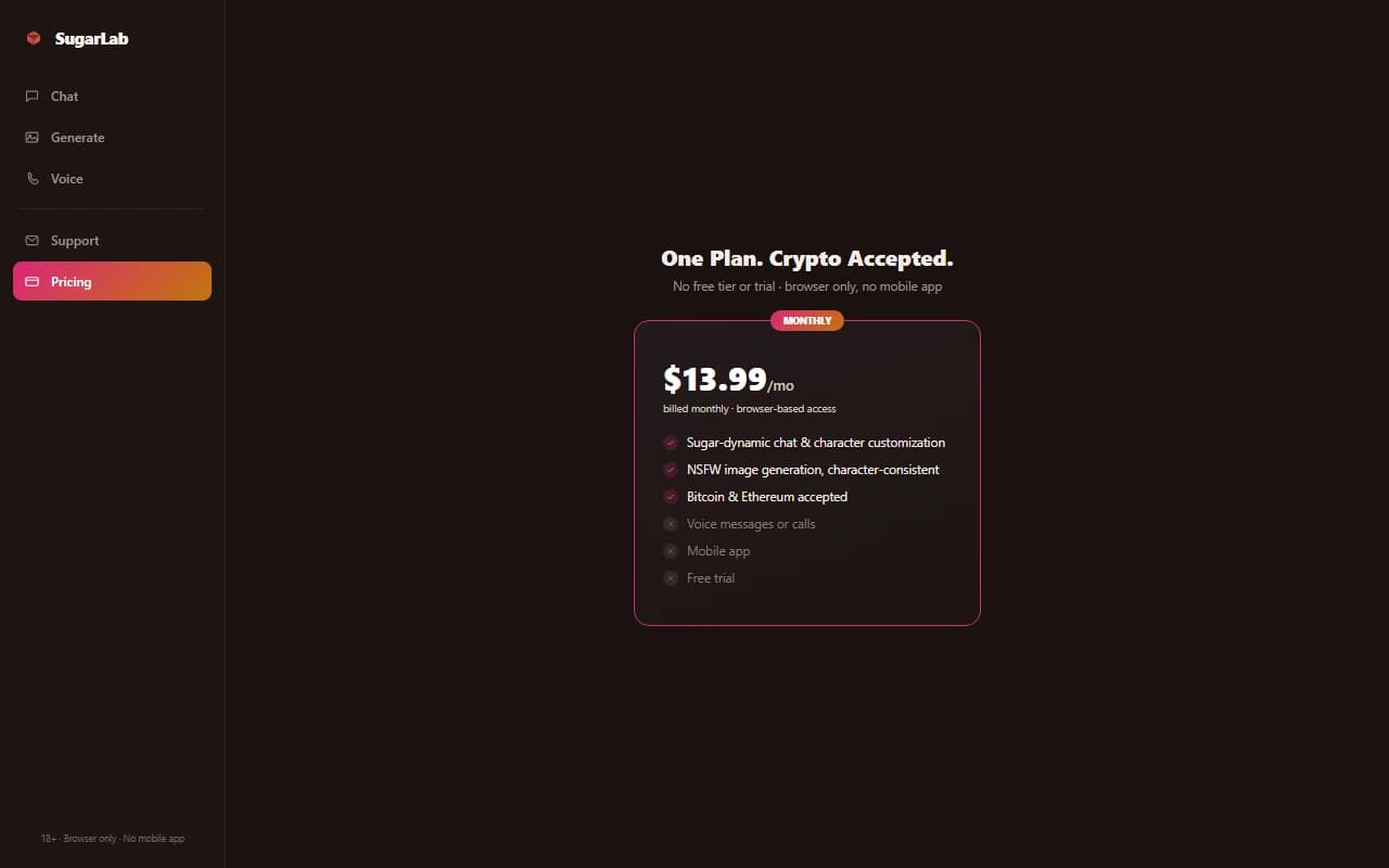 SugarLab.AI pricing page showing the monthly subscription plan SugarLab.AI pricing page showing the monthly subscription plan