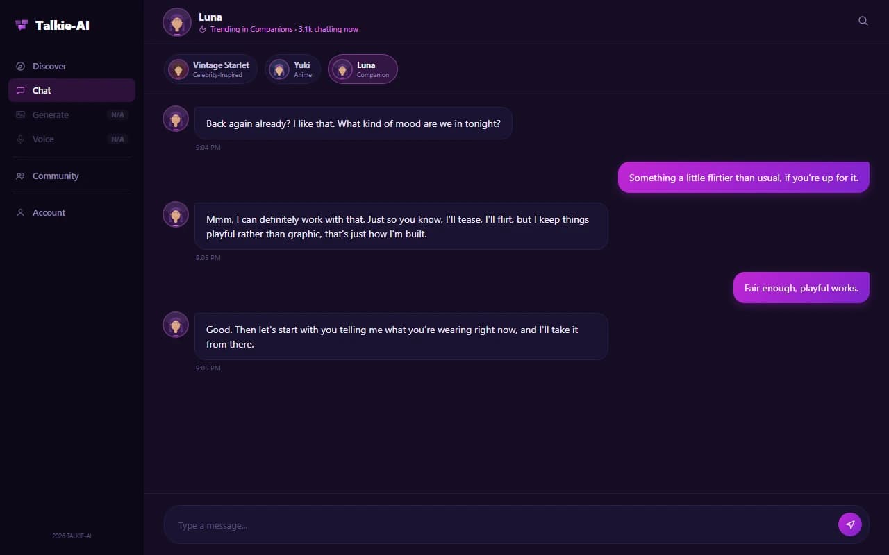 Talkie-AI chat interface showing a conversation with a companion character persona Talkie-AI chat interface showing a conversation with a companion character persona
