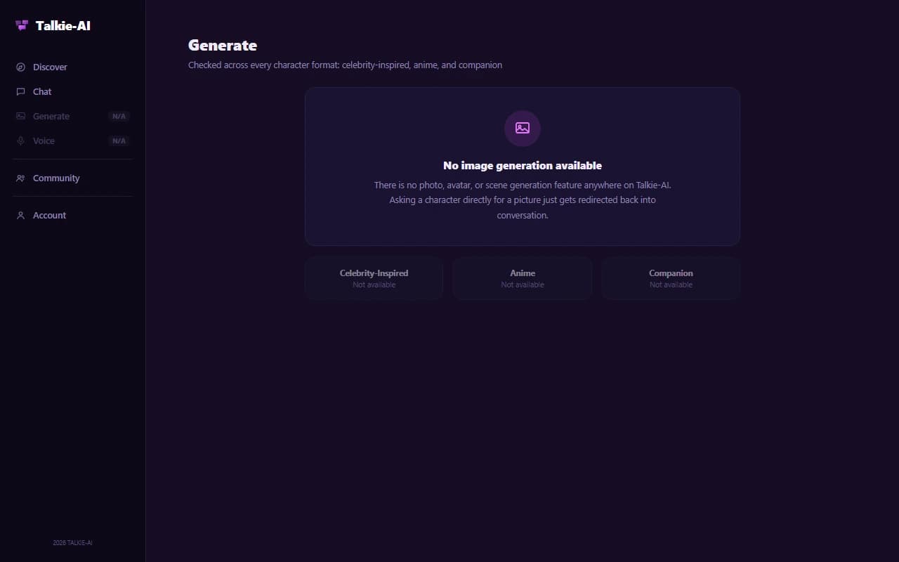 Talkie-AI interface showing no image generation option available for any character Talkie-AI interface showing no image generation option available for any character
