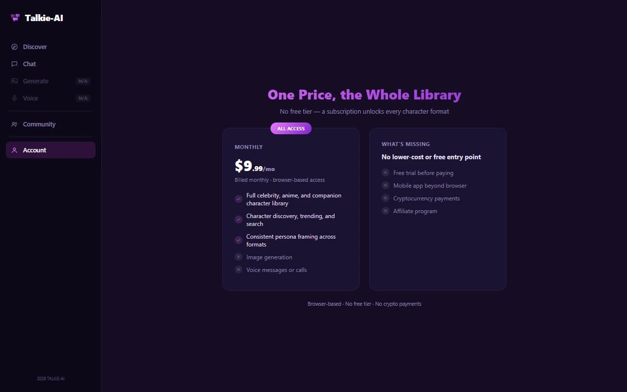 Talkie-AI pricing page showing the single $9.99 per month plan with no free tier Talkie-AI pricing page showing the single $9.99 per month plan with no free tier