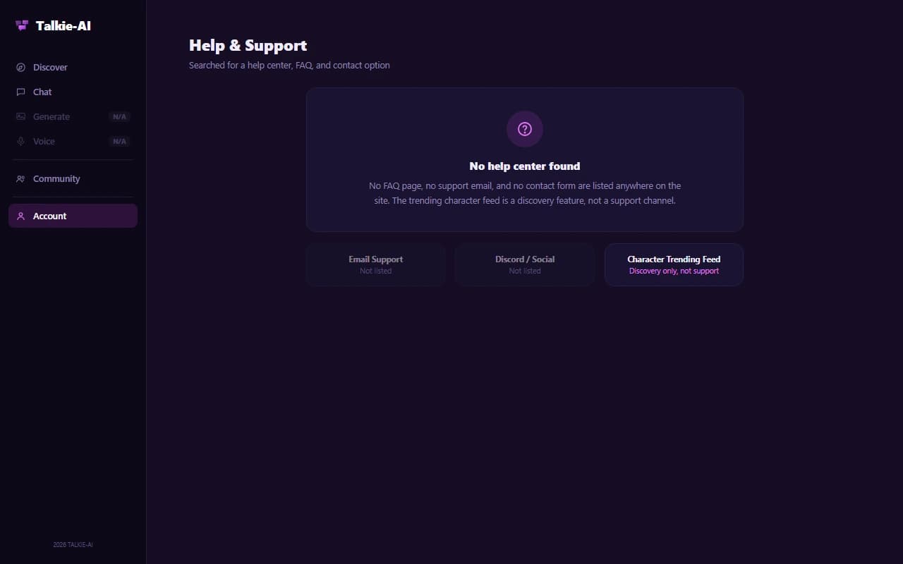Talkie-AI site showing no help center or support contact information Talkie-AI site showing no help center or support contact information