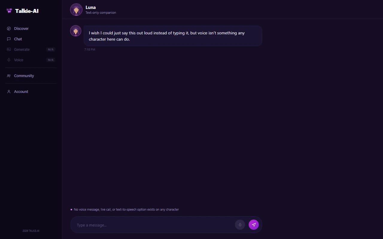 Talkie-AI chat composer showing a text-only input with no voice option Talkie-AI chat composer showing a text-only input with no voice option
