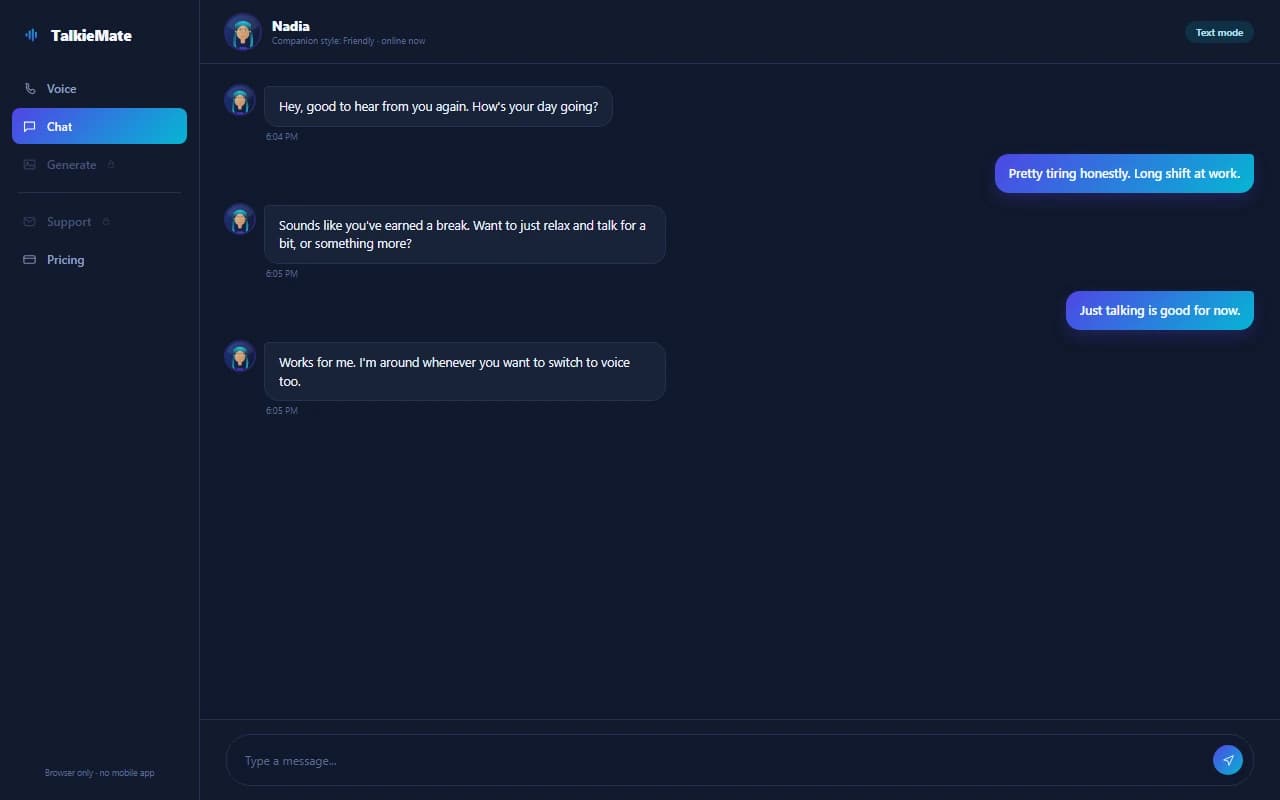 TalkieMate chat interface showing a text conversation with an AI companion TalkieMate chat interface showing a text conversation with an AI companion