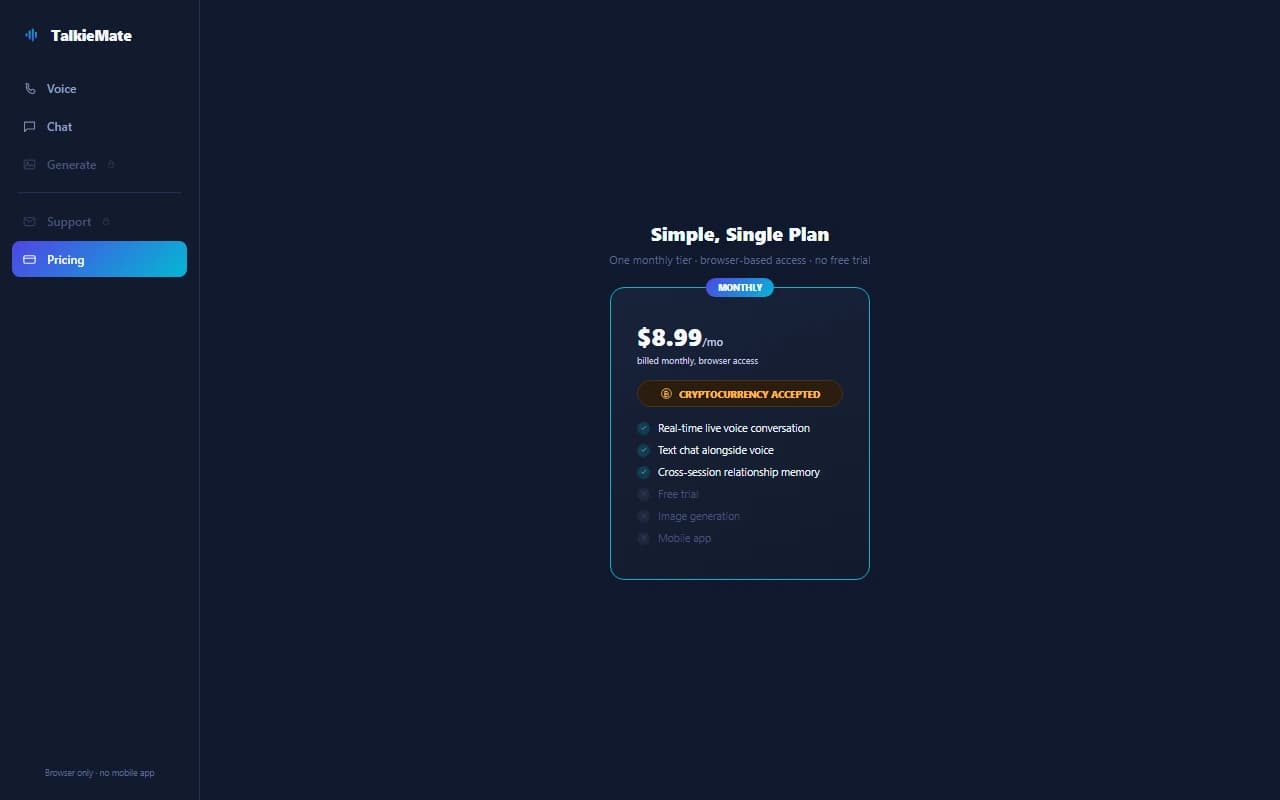 TalkieMate pricing page showing the single monthly subscription plan TalkieMate pricing page showing the single monthly subscription plan