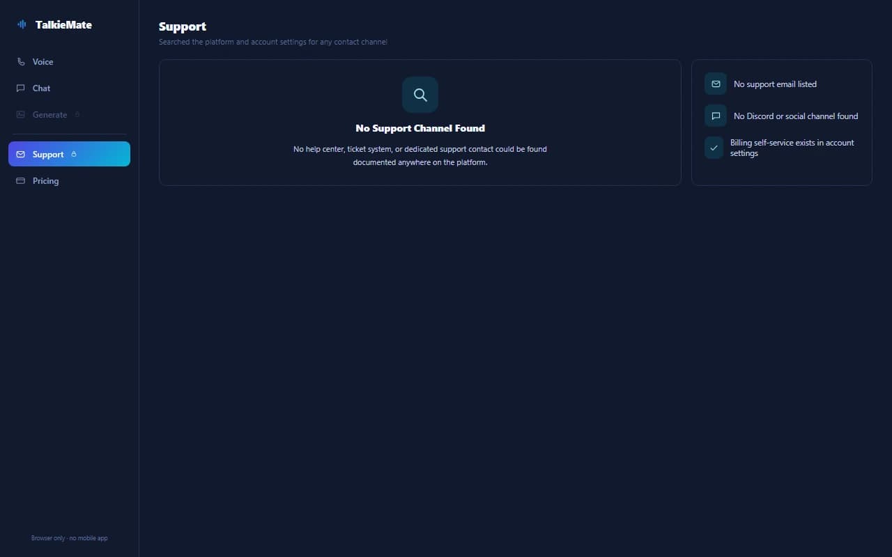 TalkieMate support page showing no help center or contact channel found TalkieMate support page showing no help center or contact channel found