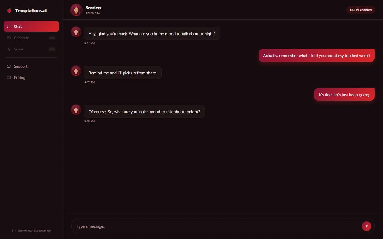 Temptations.ai chat interface showing a conversation with an AI companion Temptations.ai chat interface showing a conversation with an AI companion