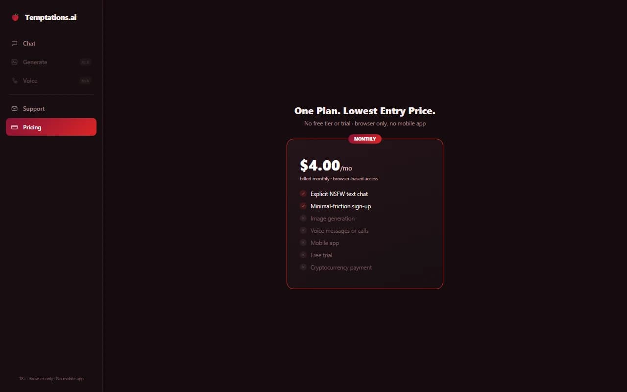 Temptations.ai pricing page showing the $4.00 per month plan Temptations.ai pricing page showing the $4.00 per month plan