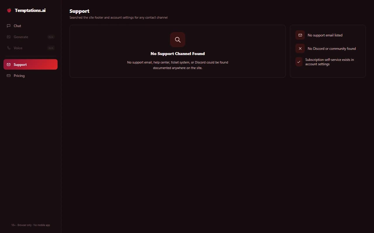 Temptations.ai interface showing no support contact channel found Temptations.ai interface showing no support contact channel found