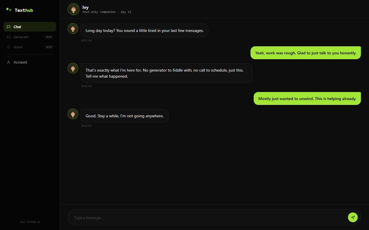 TextHub chat interface showing a natural text conversation with an AI companion TextHub chat interface showing a natural text conversation with an AI companion