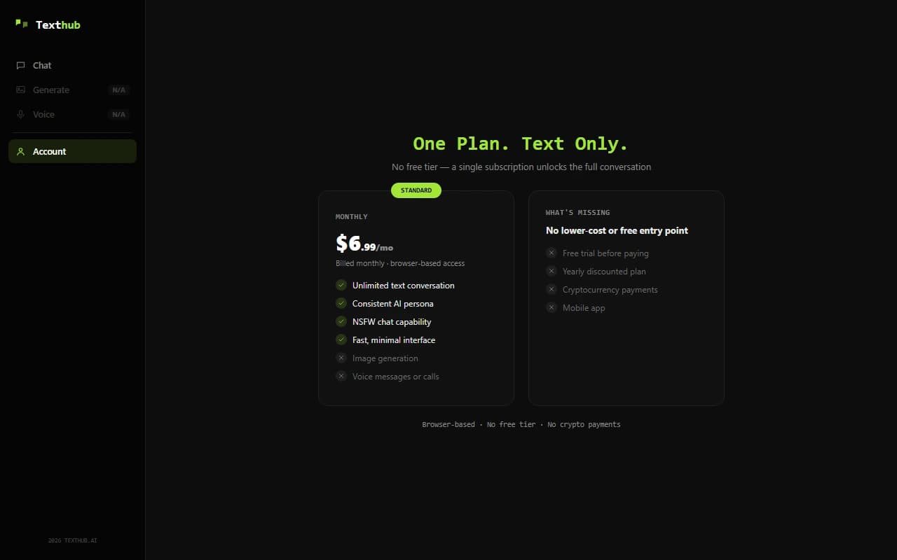 TextHub pricing page showing the single $6.99 per month plan with no free tier TextHub pricing page showing the single $6.99 per month plan with no free tier