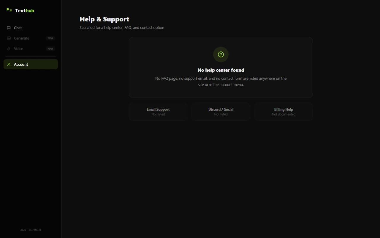 TextHub site showing no help center or support contact information TextHub site showing no help center or support contact information