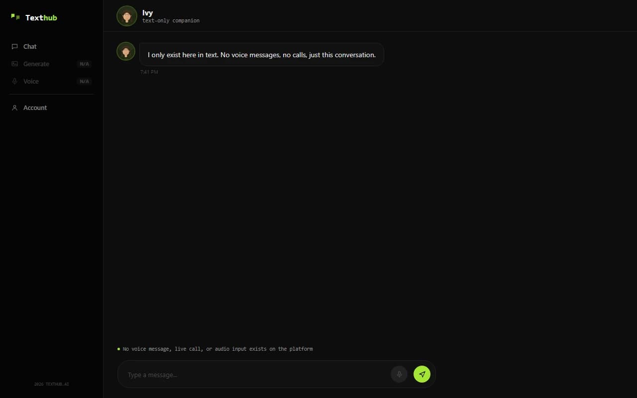 TextHub chat composer showing a text-only input with no voice option available TextHub chat composer showing a text-only input with no voice option available