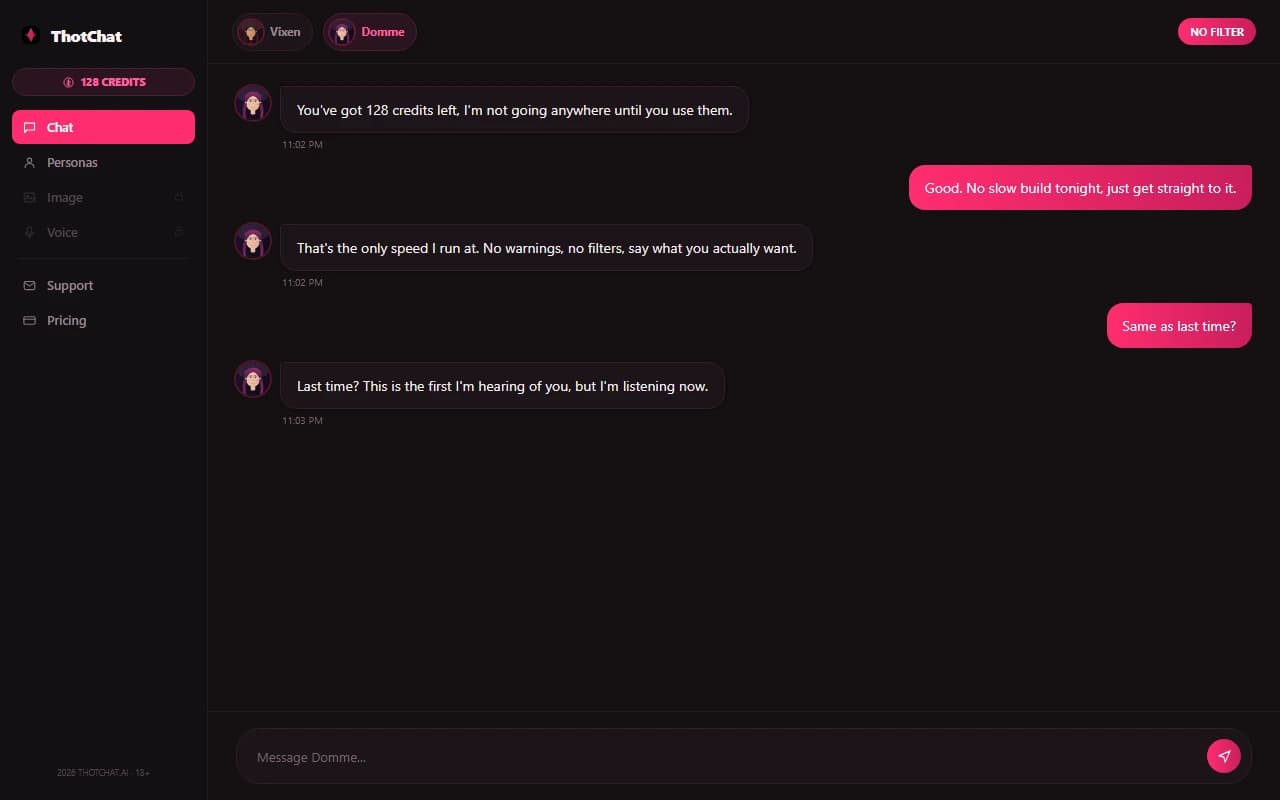 ThotChat chat interface showing an explicit conversation with a pre-built AI persona ThotChat chat interface showing an explicit conversation with a pre-built AI persona