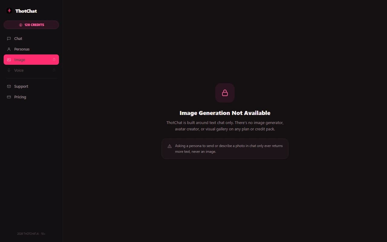 ThotChat interface showing no image generation option available ThotChat interface showing no image generation option available
