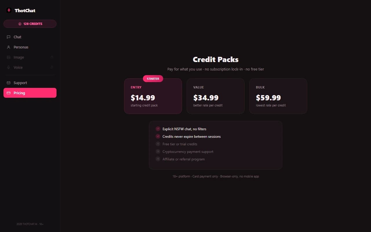 ThotChat credit-based pricing screen showing credit packs starting at $14.99 ThotChat credit-based pricing screen showing credit packs starting at $14.99