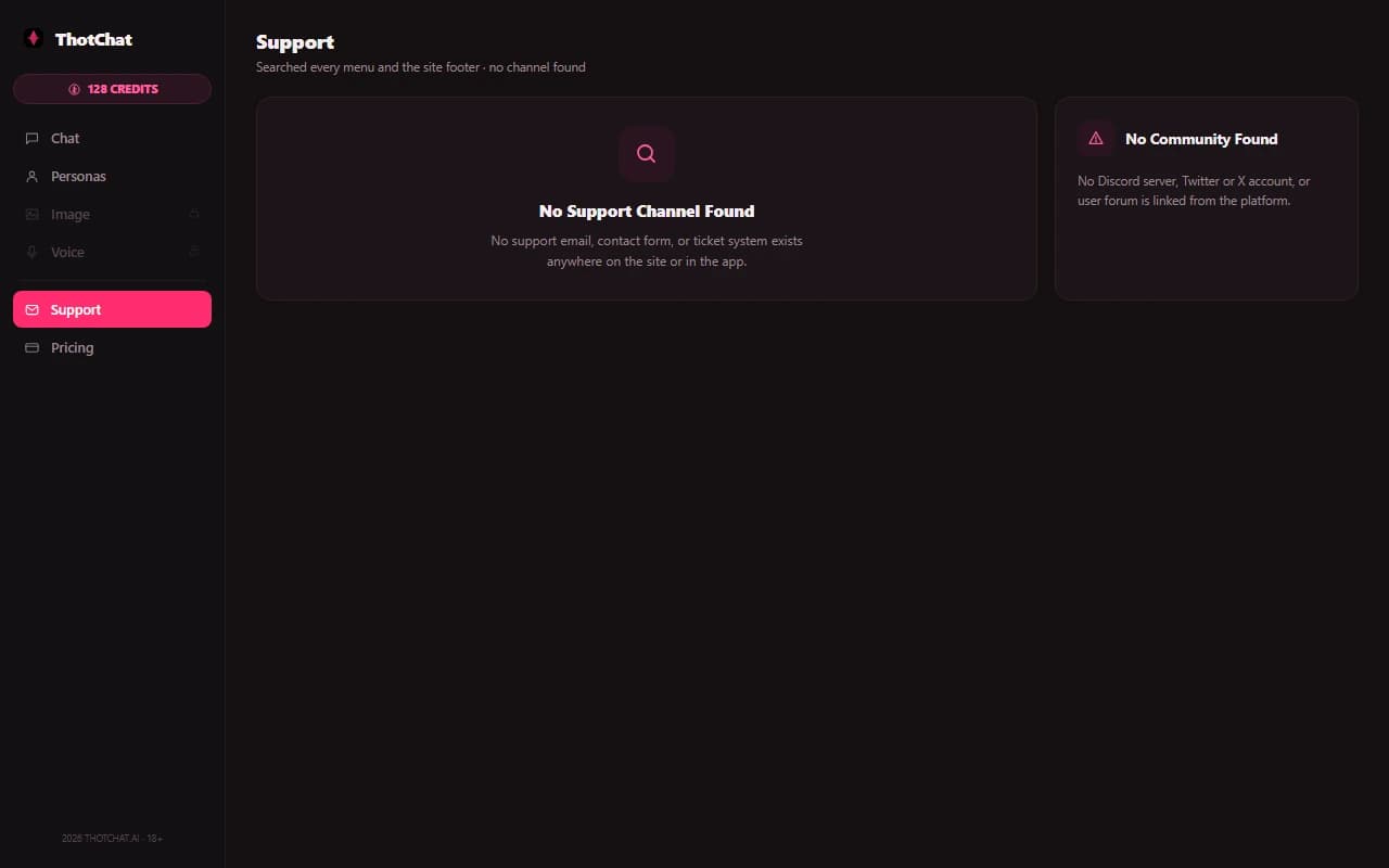 ThotChat interface showing no support channel or help center found ThotChat interface showing no support channel or help center found