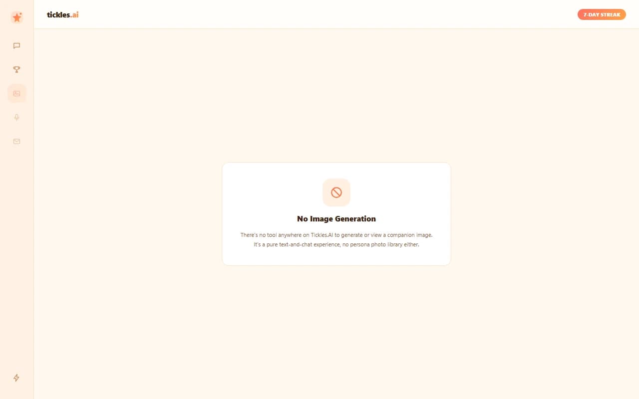 Tickles.AI chat composer with no image generation option available Tickles.AI chat composer with no image generation option available