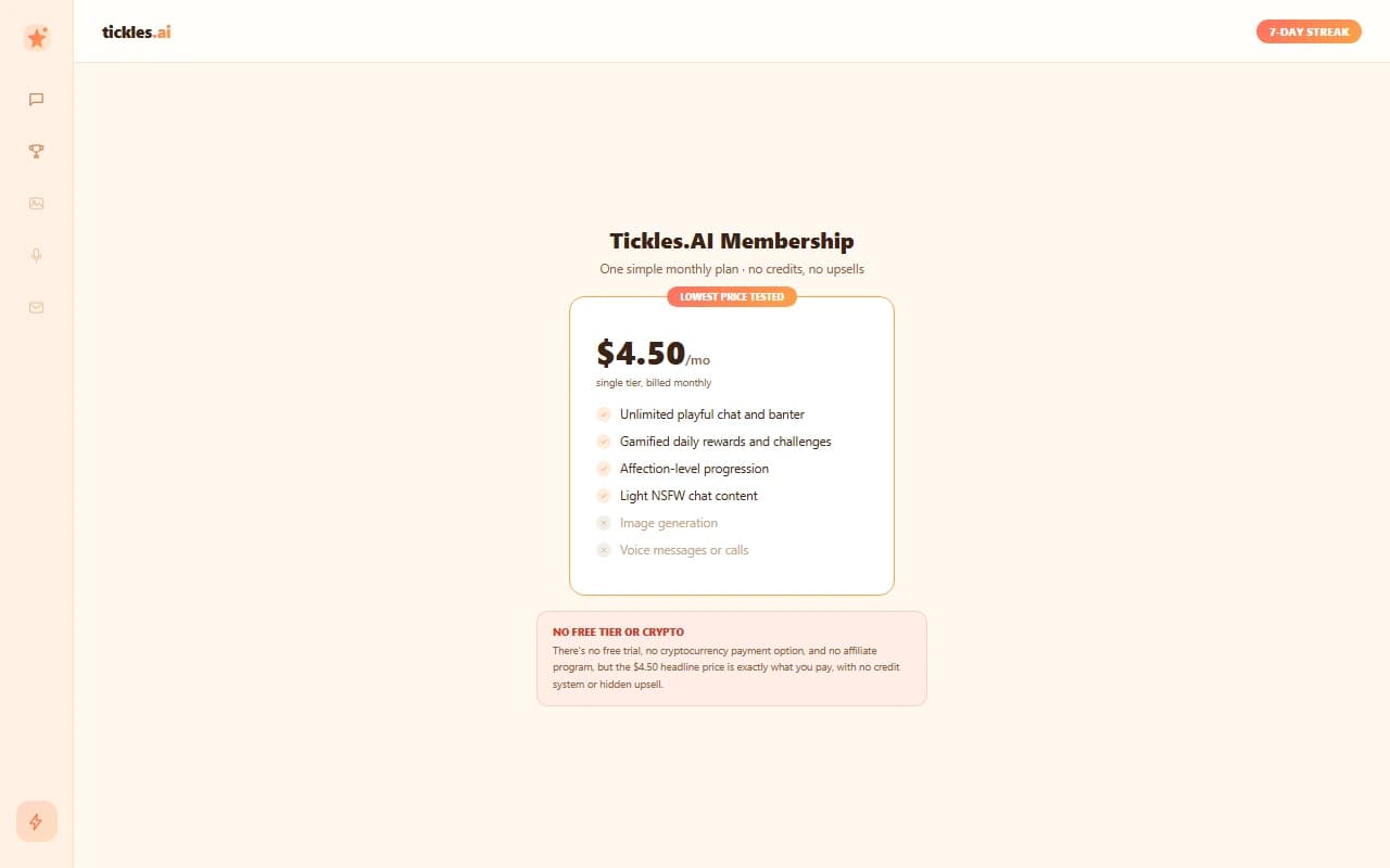 Tickles.AI pricing screen showing the free tier alongside the paid token plans Tickles.AI pricing screen showing the free tier alongside the paid token plans