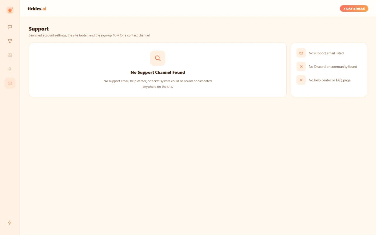 Tickles.AI account page with no support channel listed Tickles.AI account page with no support channel listed