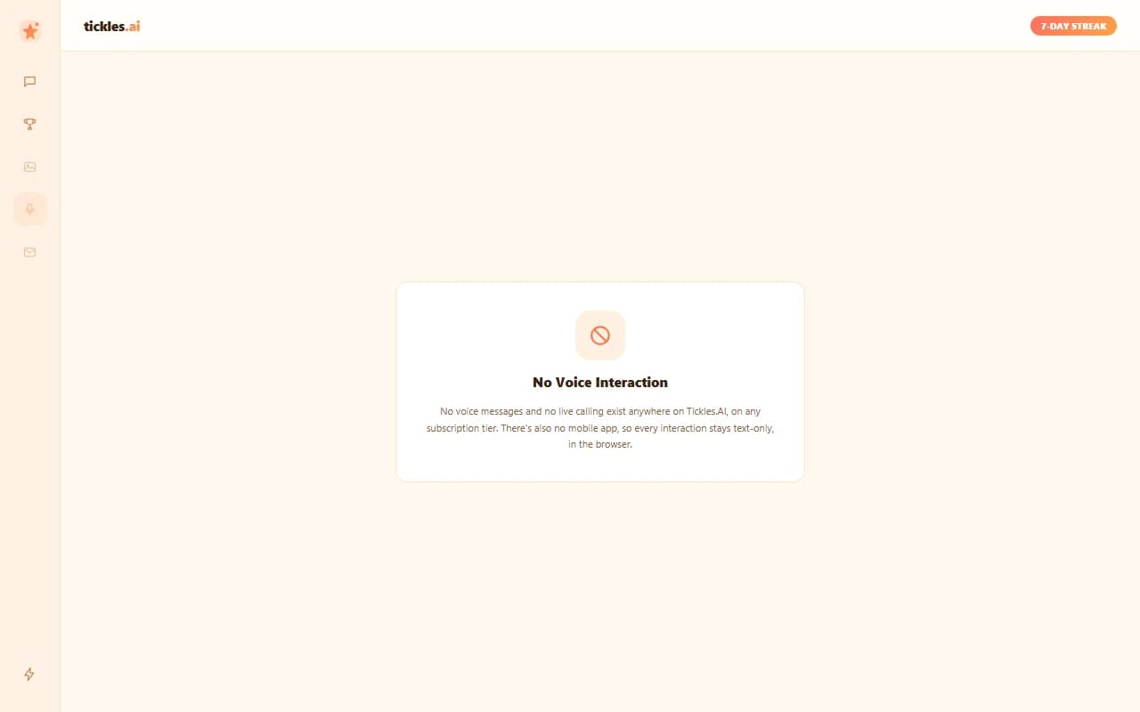 Tickles.AI chat composer with no voice message or call option available Tickles.AI chat composer with no voice message or call option available