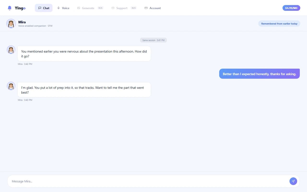 Tingo chat interface showing a conversation with an AI companion Tingo chat interface showing a conversation with an AI companion