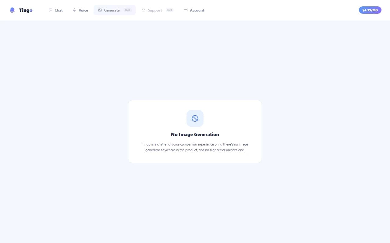 Tingo interface confirming no image generation feature Tingo interface confirming no image generation feature