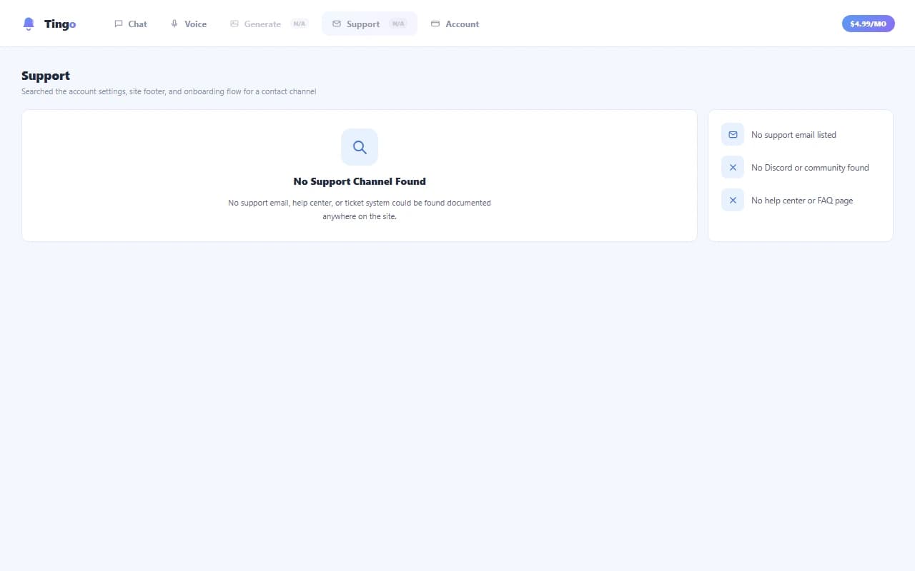 Tingo support page showing no listed contact channel Tingo support page showing no listed contact channel
