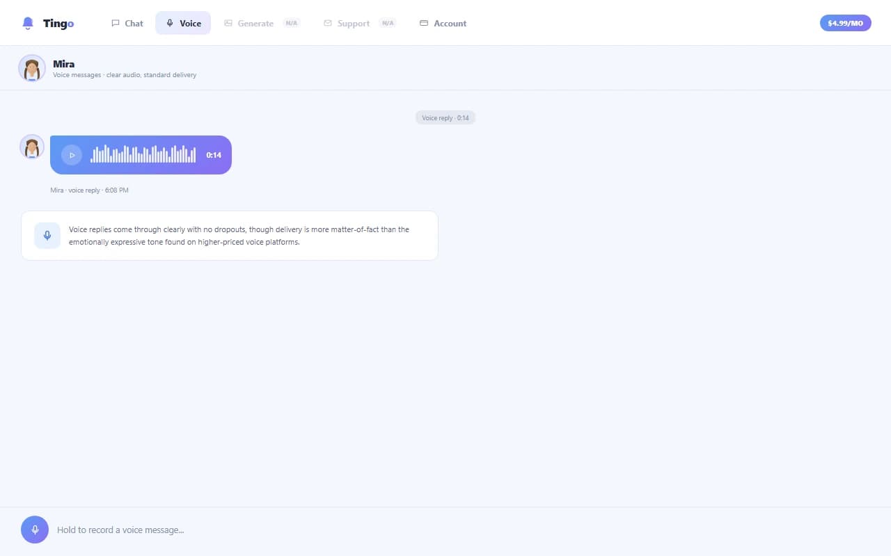 Tingo voice message interface with waveform and duration Tingo voice message interface with waveform and duration