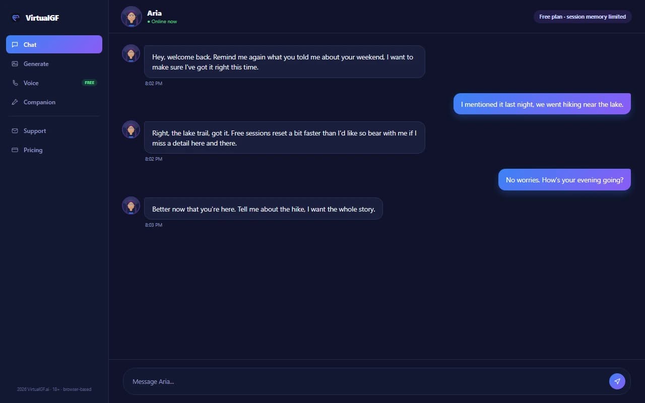 VirtualGF chat interface showing a conversation with a custom-built AI companion on the free plan VirtualGF chat interface showing a conversation with a custom-built AI companion on the free plan