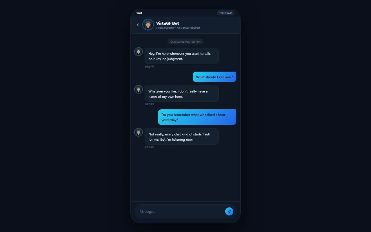 VirtuGF Telegram chat showing a text conversation with the fixed AI companion character VirtuGF Telegram chat showing a text conversation with the fixed AI companion character