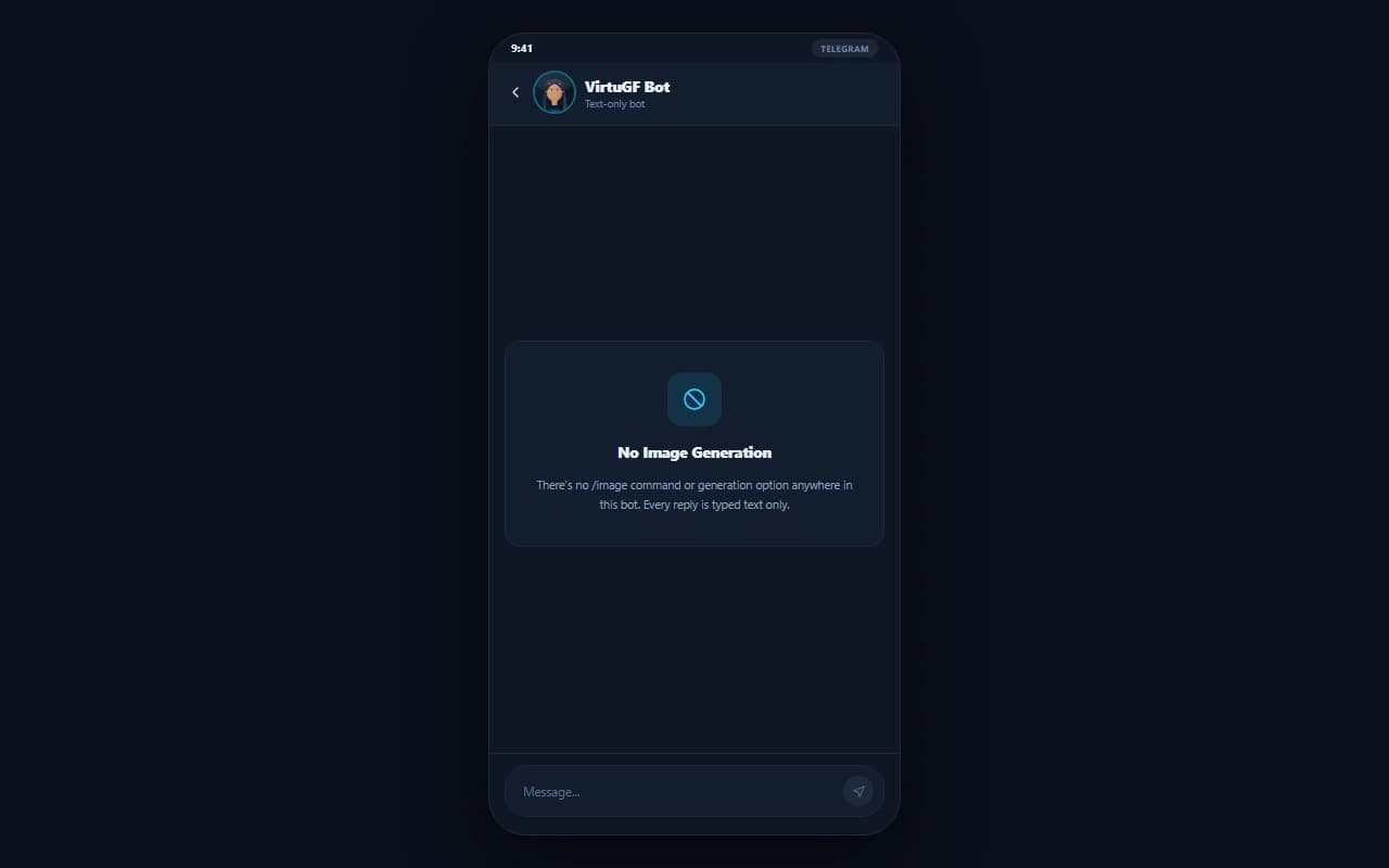 VirtuGF chat screen showing that no image generation feature exists on the platform VirtuGF chat screen showing that no image generation feature exists on the platform