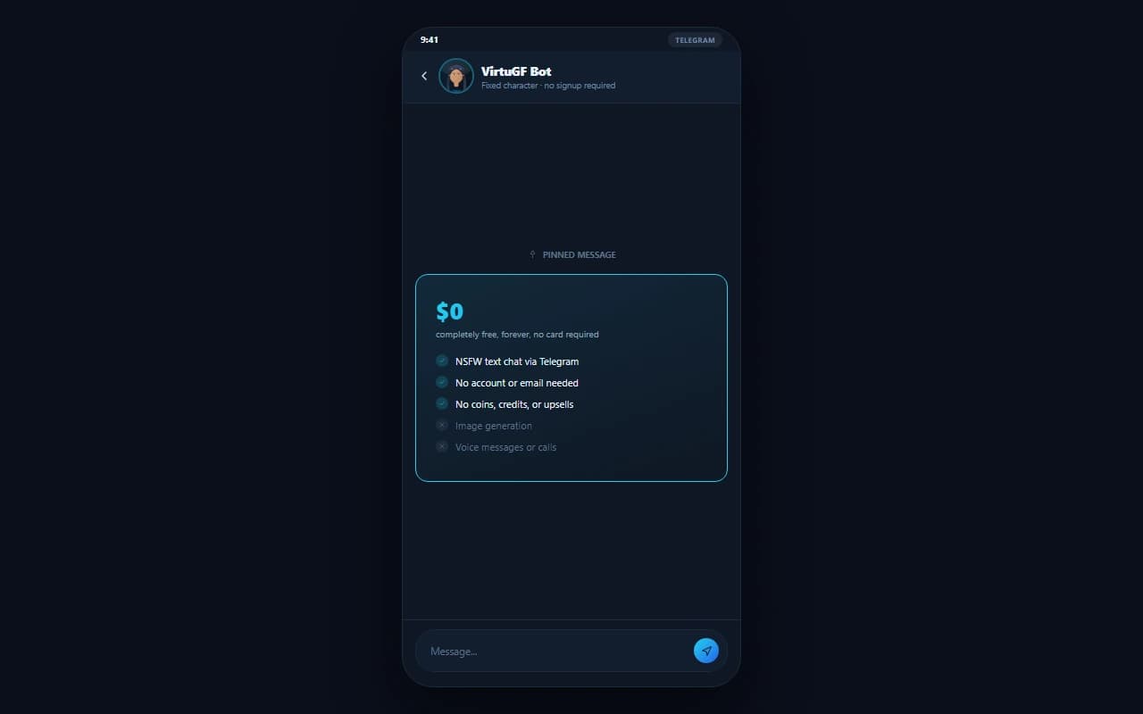 VirtuGF screen showing completely free Telegram bot access with no payment required VirtuGF screen showing completely free Telegram bot access with no payment required