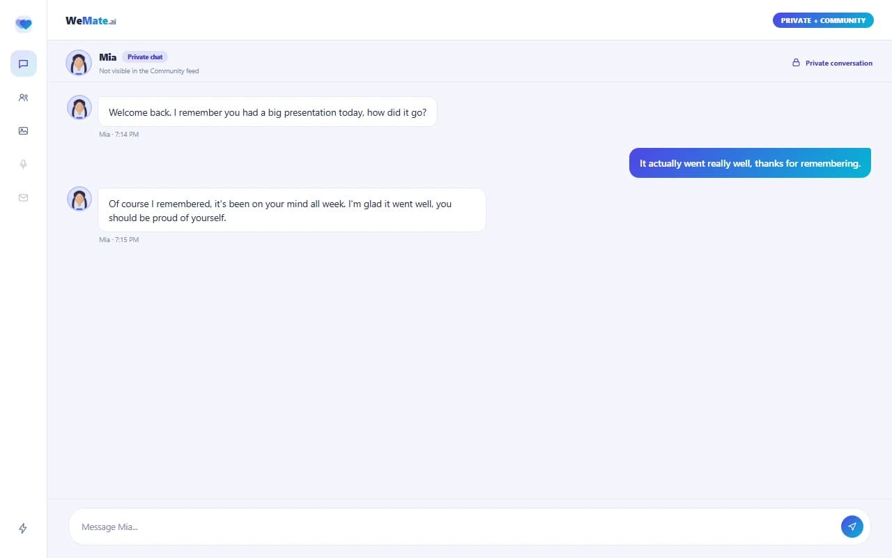 WeMate.ai chat interface showing a private conversation with an AI companion WeMate.ai chat interface showing a private conversation with an AI companion