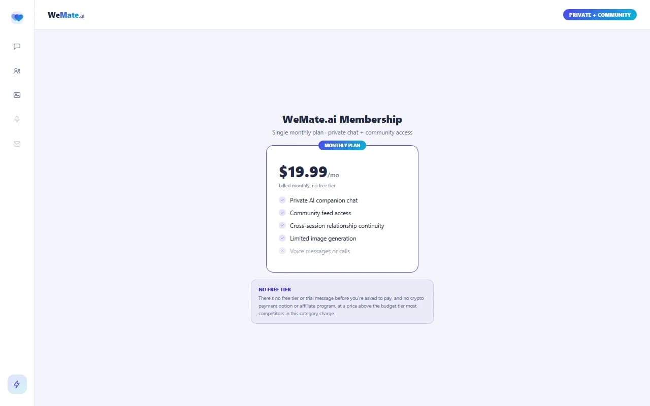WeMate.ai subscription pricing plan showing the $19.99 monthly price with no free tier WeMate.ai subscription pricing plan showing the $19.99 monthly price with no free tier