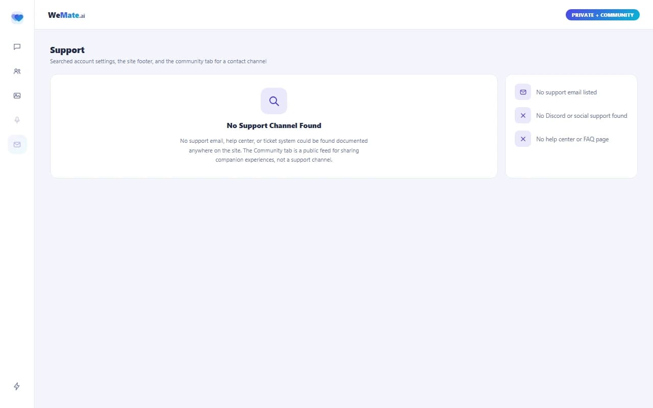 WeMate.ai help screen showing no dedicated support channel found WeMate.ai help screen showing no dedicated support channel found