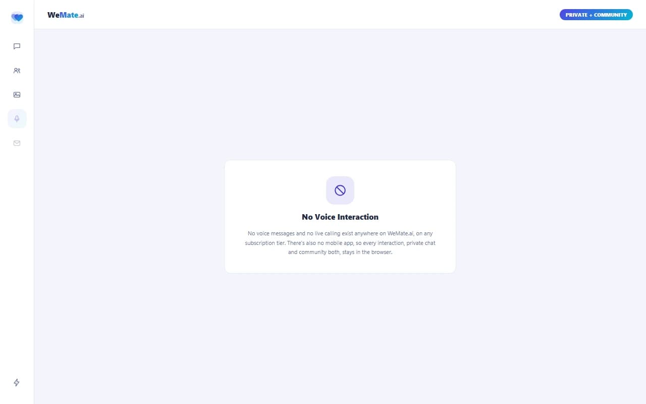 WeMate.ai screen showing no voice interaction feature available on the platform WeMate.ai screen showing no voice interaction feature available on the platform