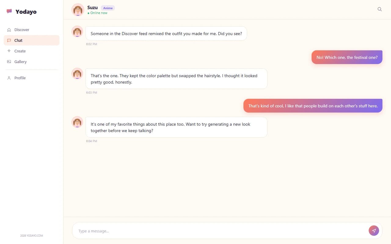 Yodayo companion chat interface showing a conversation with an anime AI companion Yodayo companion chat interface showing a conversation with an anime AI companion
